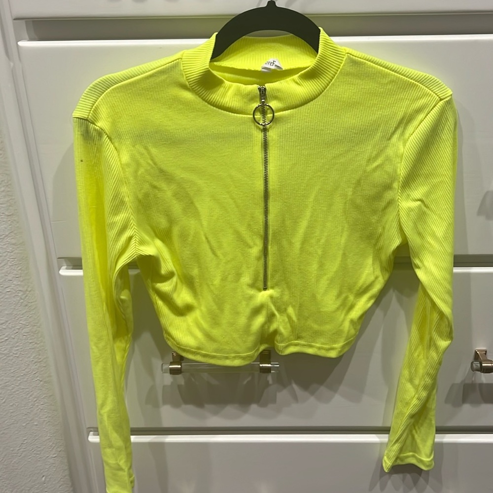 Neon, yellow, crop, long, sleeved shirt.